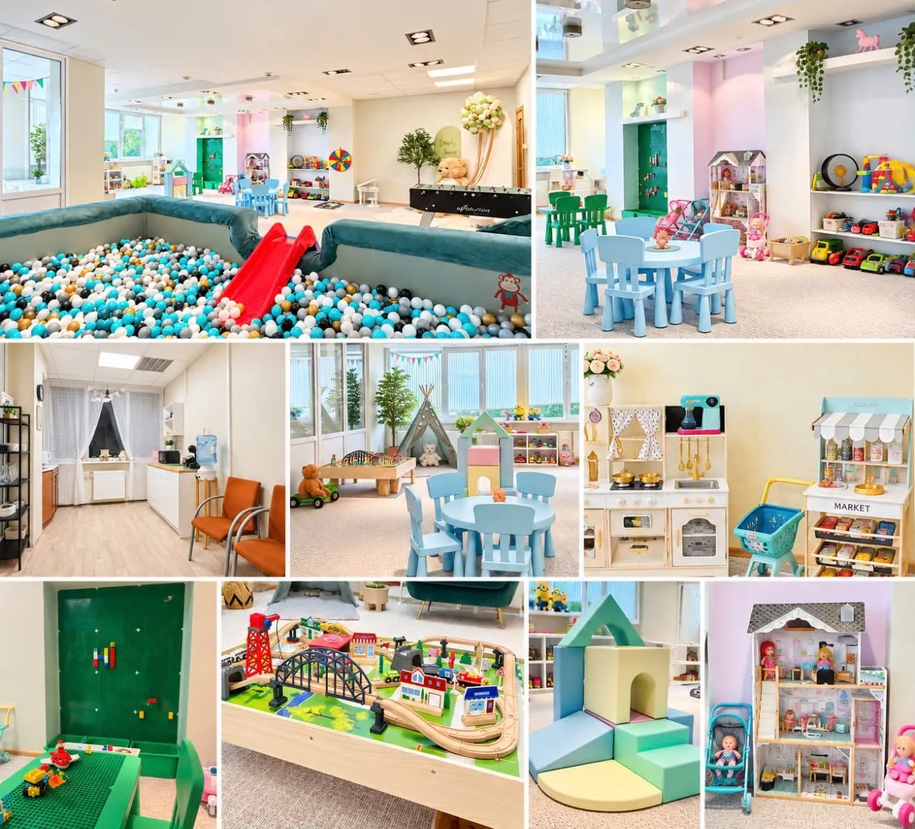Ieskats BamBalle telpās: bumbu baseins, rotaļu zona ar telti, virtuve, virtuvīte, LEGO siena, vilcieniņa galds, mīkstie klucīši un leļļu māja